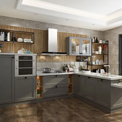 Simple Full Integral Stainless Steel Kitchen Cabinet with Island in Marble Countertop