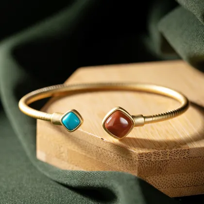South Red Agate Inlaid With Turquoise Silver Bracelet