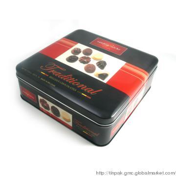 Square tin chocolate packaging
