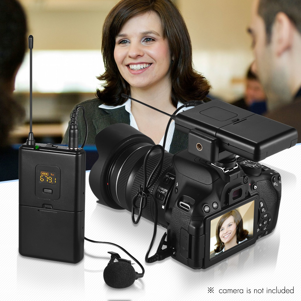 Professional UHF Wireless Microphone with Lavalier Lapel Mic for DSLR Cameras for Video Recording Teaching Interview