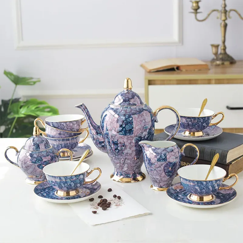 European Bone China Tea Set with Gemstone Blue and Pink Ceramic 15-Piece Coffee Cup Set