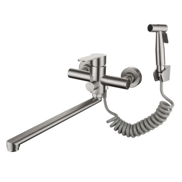Wall-Mounted Stainless Steel Double-Hole Kitchen Sink Faucet with Handheld Sprayer and Hot/Cold Mixer