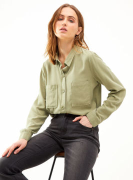 Ladies Green Color Cotton Linen Texture Casual Shirt