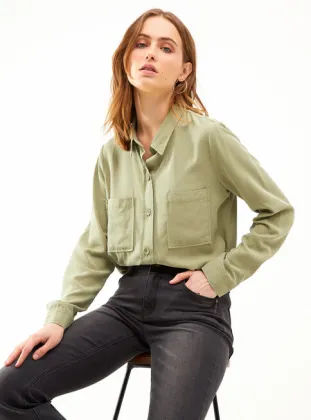 Ladies Green Color Cotton Linen Texture Casual Shirt