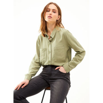 Ladies Green Color Cotton Linen Texture Casual Shirt