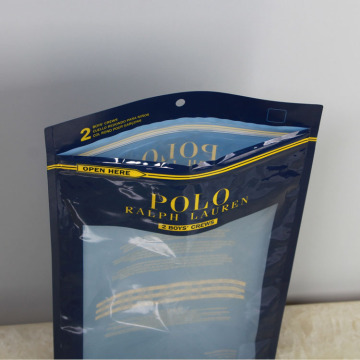 Resealable plastic packaging bag with zipper and window