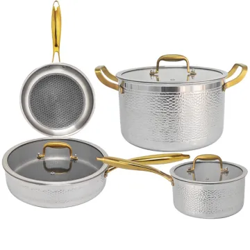 7Pcs Non-stick Honeycomb Pan Gold Stainless Steel Cookware Set