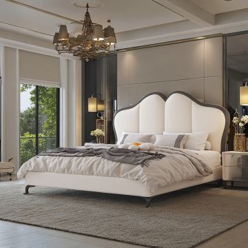Modern European Pine and Leather Bed Frames with White Upholstery