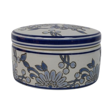 RZKA241523 Chinese Blue and White Floral Leaf Pattern Round Jewelry Box