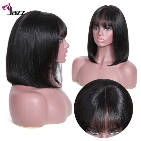 100% natural black short bob wig with bangs for black women,  brazilian virgin remy straight human hair fringe bob style cut wig