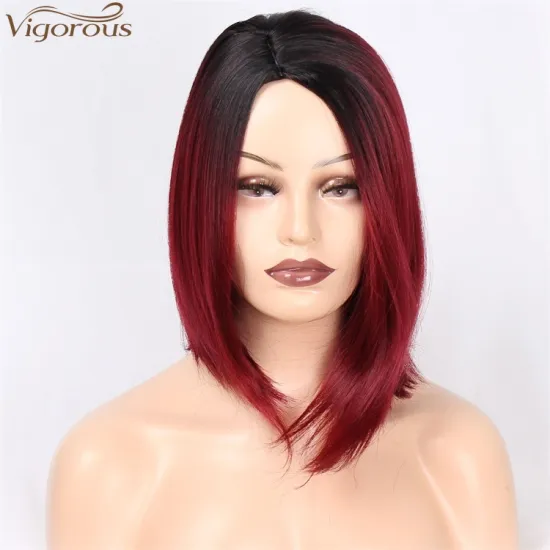Vigorous 14inch Synthetic Side Part Natural Short Straight Hair Wigs for Black Women 2 Tone Ombre Red Heat Resistant Fiber Hair