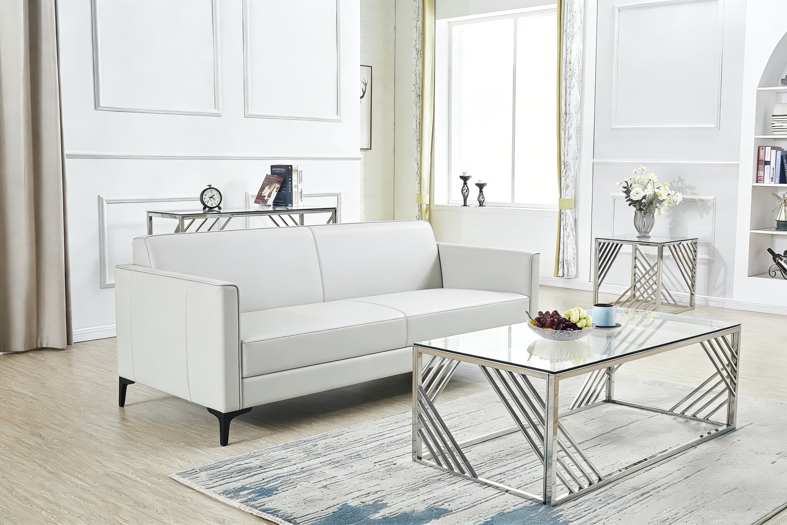 AS63 Geometric Metal Frame Glass Table Set 3-Piece Coffee, Console & Side Table for Modern Lounge