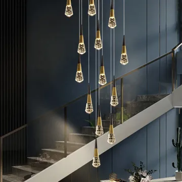Modern Luxury Spiral Staircase Lighting: LED Pendant & Crystal Chandelier for Living Rooms with High Ceilings