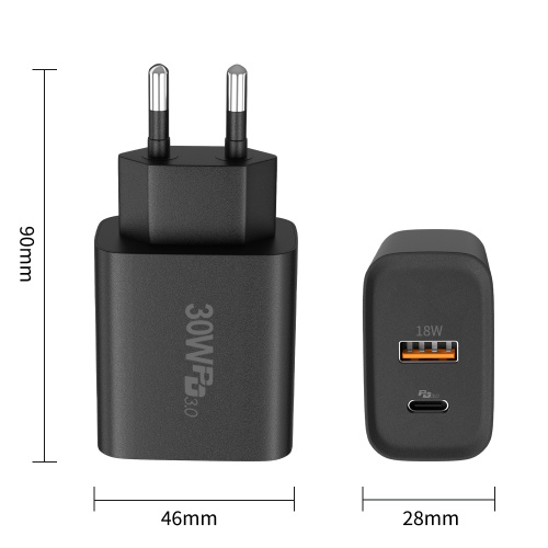 2 port QC3.0 e Type-C Wall Fast Charge 30W