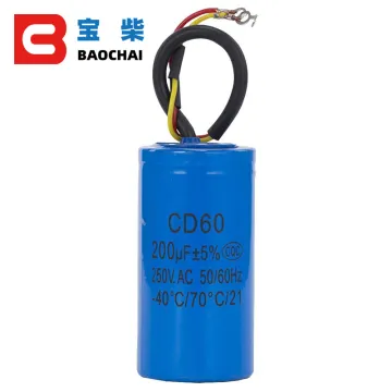 CD60 200uF 250V AC Starting Capacitor for Heavy Duty Electric Motor Air Compressor - Red Yellow Two Wires
