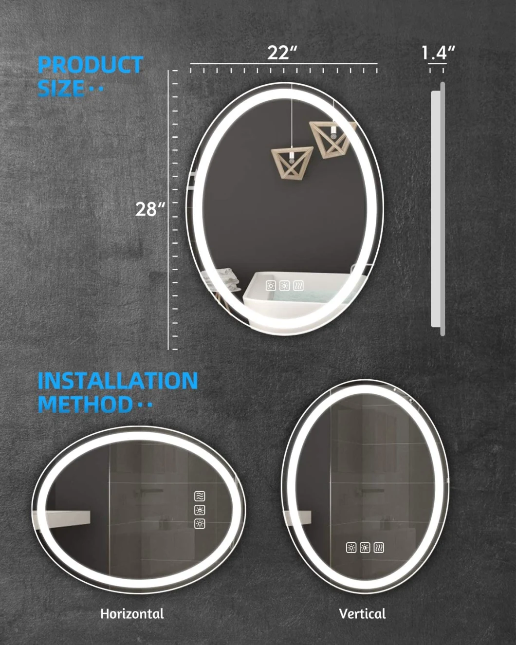 Espejo de baño Sally Oval LED 22X28 Regulable Impermeable sin marco Espejos de maquillaje de tocador antiniebla con luz