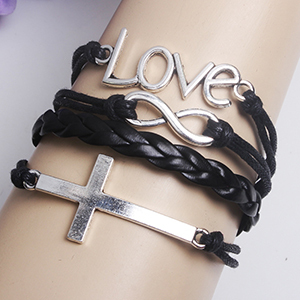 antique silver metal Christian Cross and love infinity bracelets brown woven leather braided cord bracelets for girls