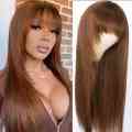 Chocolate brown ti o ni irun didan irun lori pẹlu awọn bangs