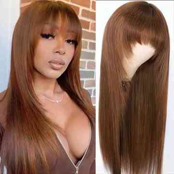 Chocolate brown ti o ni irun didan irun lori pẹlu awọn bangs