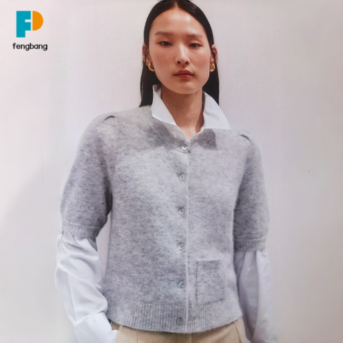 Kısa Kollu Açık Gri Patchwork Triko Hırka