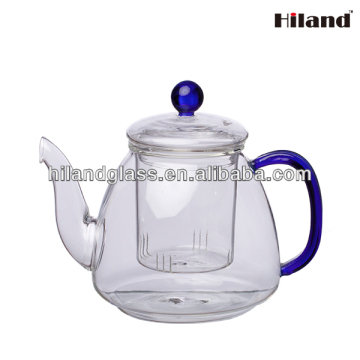 Promotional borosilicate double wall glass teapot with blue handle