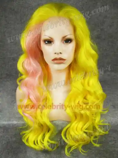 Yellow Tipped with Pink Long Wavy Christina Aquilera Synthetic Lace Front Wig