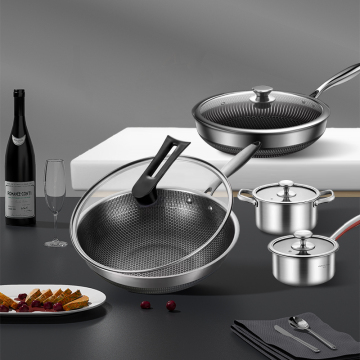 New Honeycomb Cookware Set: Stainless Steel Wok, Frying Pan, Soup Pot, Milk Pot with Glass Lid