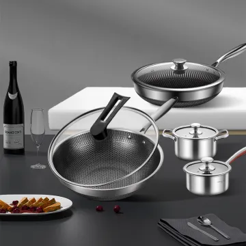 New Honeycomb Cookware Set: Stainless Steel Wok, Frying Pan, Soup Pot, Milk Pot with Glass Lid