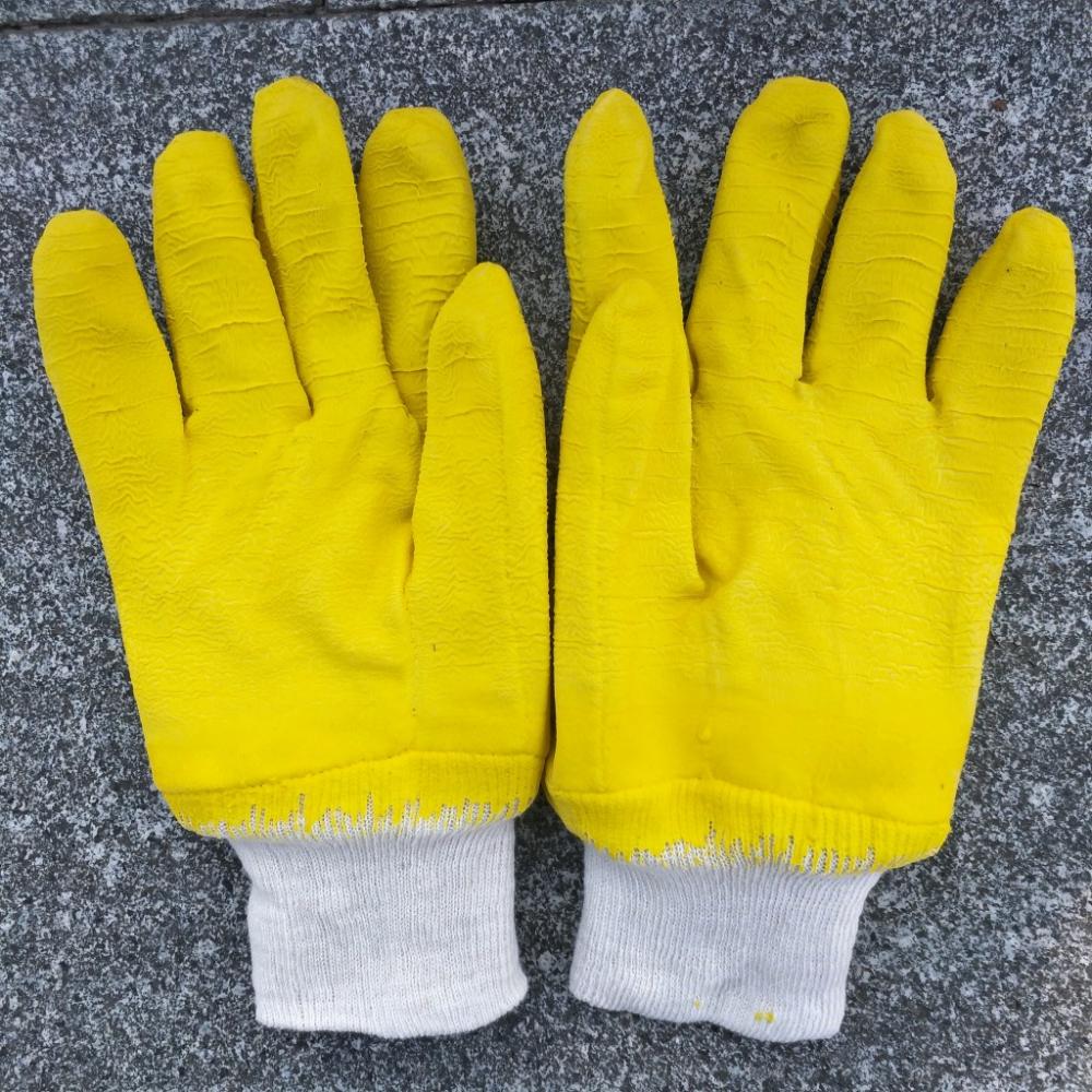 黄色のラテックス綿の裏地の手袋ニット手首