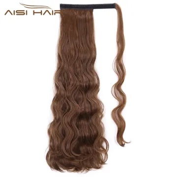 Aisi Hair Heat Resistant Synthetic Fiber Ponytail Hair Extensions Brown Long Wavy Pony Tail Clips In Hairpieces