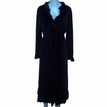 Fashionable Women's Velour Robe, Open Placket with Frill/Long Sleeve/Hem/Frill/Belt in Loop