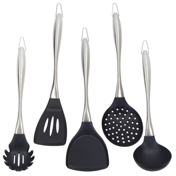 Stainless Steel Handle Silicone Kitchen Utensil Set - 5 Piece Cooking Tools
