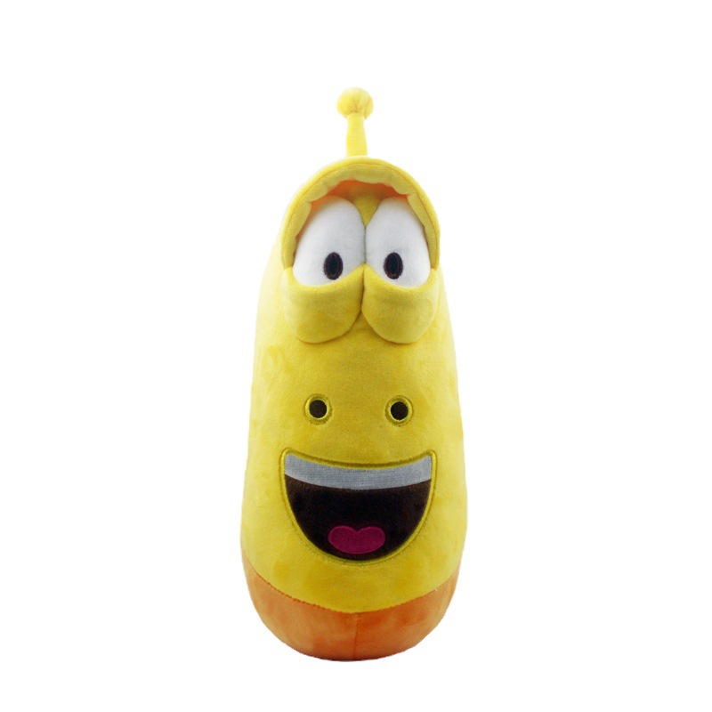 Laughing worm animation surrounding yellow worm plush toy