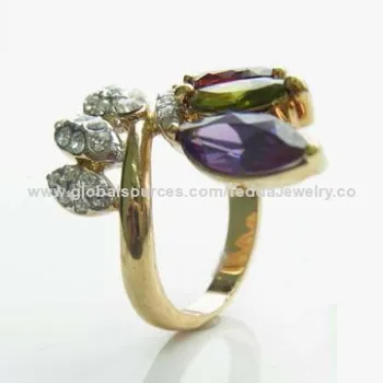 Two tones plated rings, made of brass and cubic zirconia, small orders are welcome