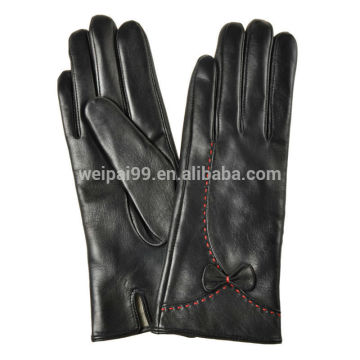 Classic china style beauty bowknot winter sheepskin leather gloves for ladies