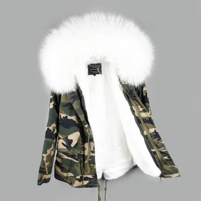 OEM ODM Big Raccoon Fur Collar Faux Fur Lined Women Camouflage Coat