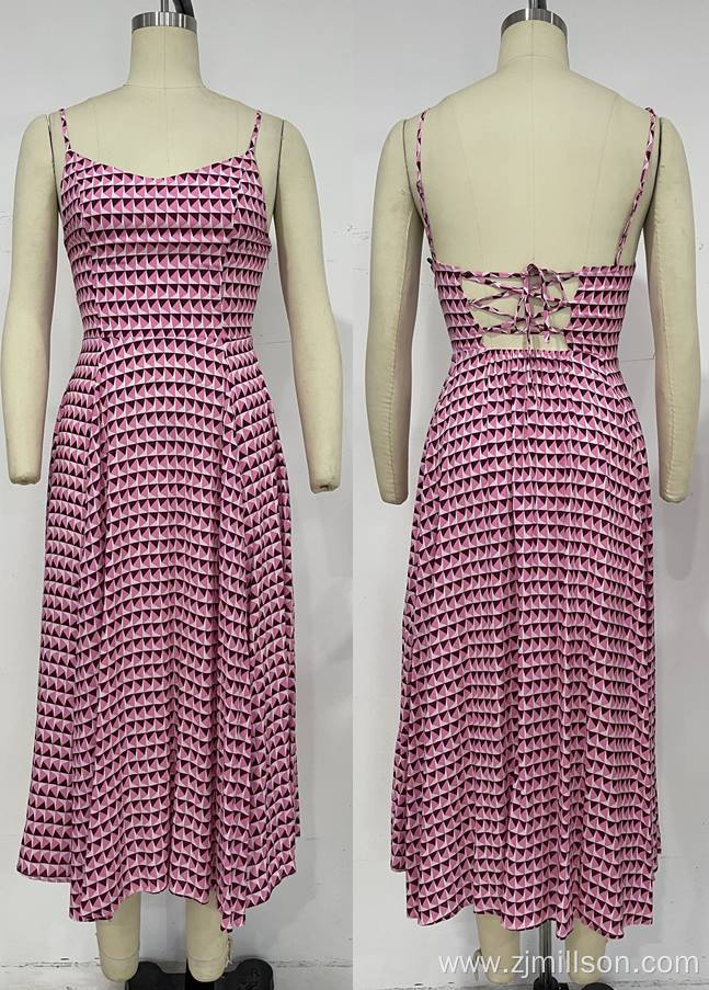 Women Pink Geometric Shoulder Staps Backless Dress