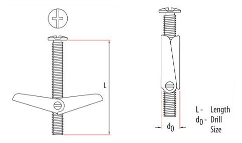 M3/4/5/6/8 Plasterboard Hollow Wall Cavity Wall Fixing Spring Toggle Anchor with Stainless steel countersunk screw