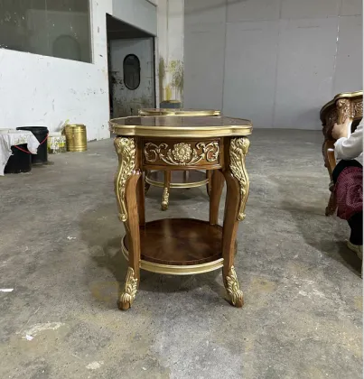 High Grade Traditional Antique Alexander Classical Luxury Teak Wood Coffee Table with Carve Inlay Veneer and Metal Accents