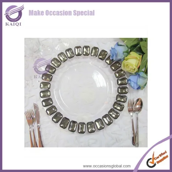18177 13" Round Large Jeweled Glass Diamond Rim Mirror Charger Plate