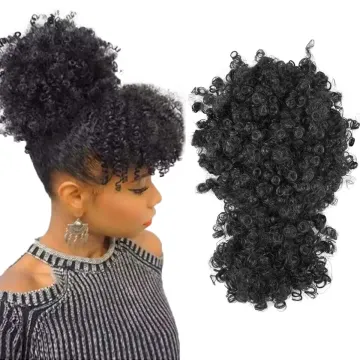 High Puff Drawstring Short Brown Pony Tail Warp Bun Afro Kinky Curly Wig Ponytail Chignon With Bang Synthetic Hair Extensions