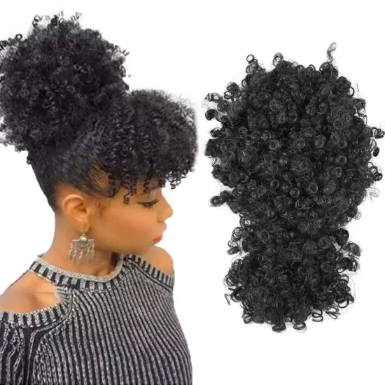 High Puff Drawstring Short Brown Pony Tail Warp Bun Afro Kinky Curly Wig Ponytail Chignon With Bang Synthetic Hair Extensions