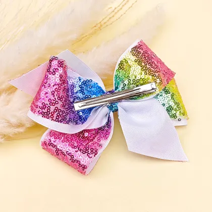 Rainbow Gradient Sequin Bow Hair Clip for Little Girl Mermaid with Colorful Fabric