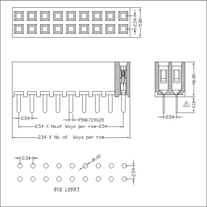 2.54 mm Female Header Dual Row Straight Type(W=5.8 H=6.8)   FHES15-XXDXXX