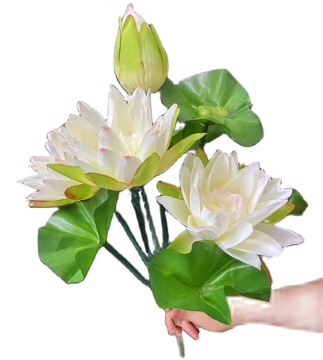 Artificial Lotus Flower Bunch Faux Silk Water Lily Bouquet with Green Leaves & Frog - 10 Forks for Floral Decoration