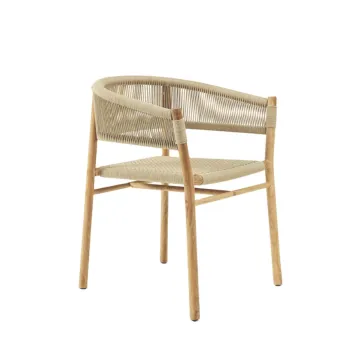 Wooden Rope Woven Garden Dining Chair with Armrest for Outdoor Leisure