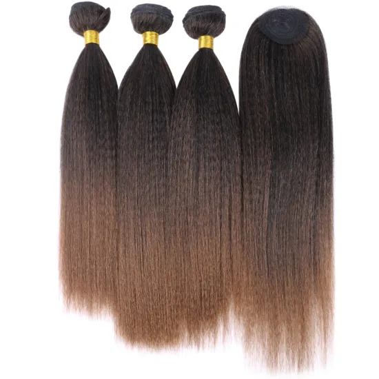Ombre Brown to Black Synthetic Yaki Straight Hair Extensions: Complete Set with Closure and Weave