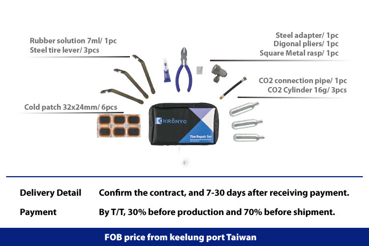 bicycle tool kit contains tire repair patch, cylinder gas