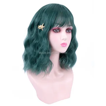 AliLeader Synthetic Short Wavy Pink Purple Blue Bob Natural Hair Wig With Bangs Cosplay Lolita Wigs For Women