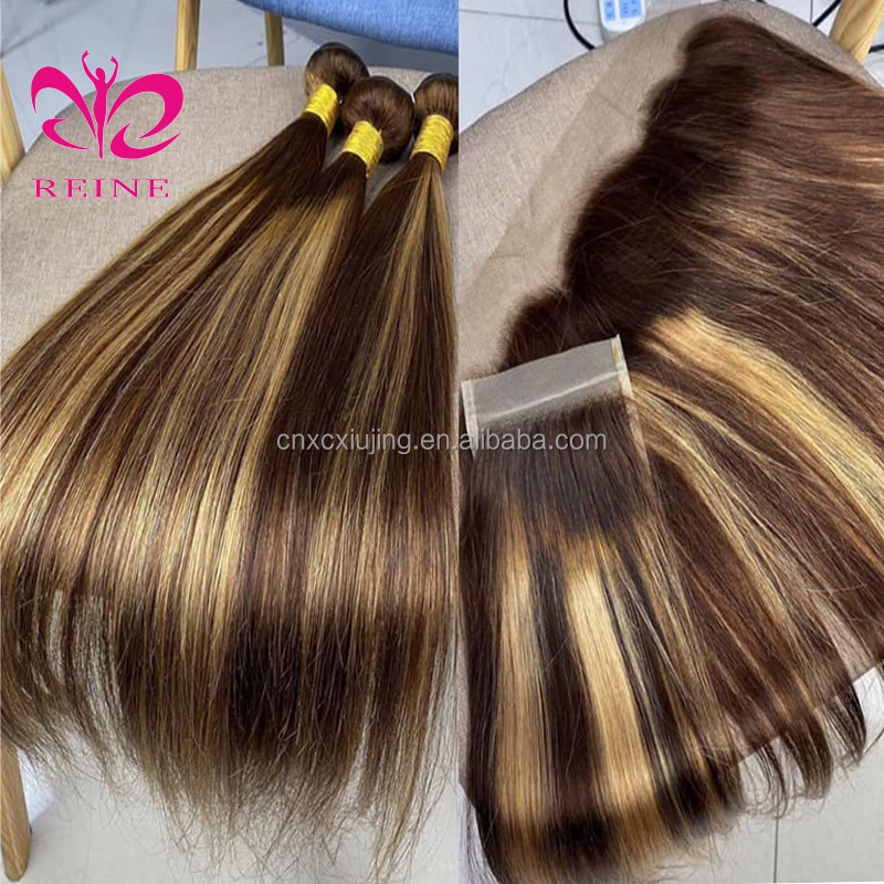 REINE Highlight Bundles With Closure Brazilian Body Wave Bundles With Closure Brown Remy Human Hair Bundles With Closure